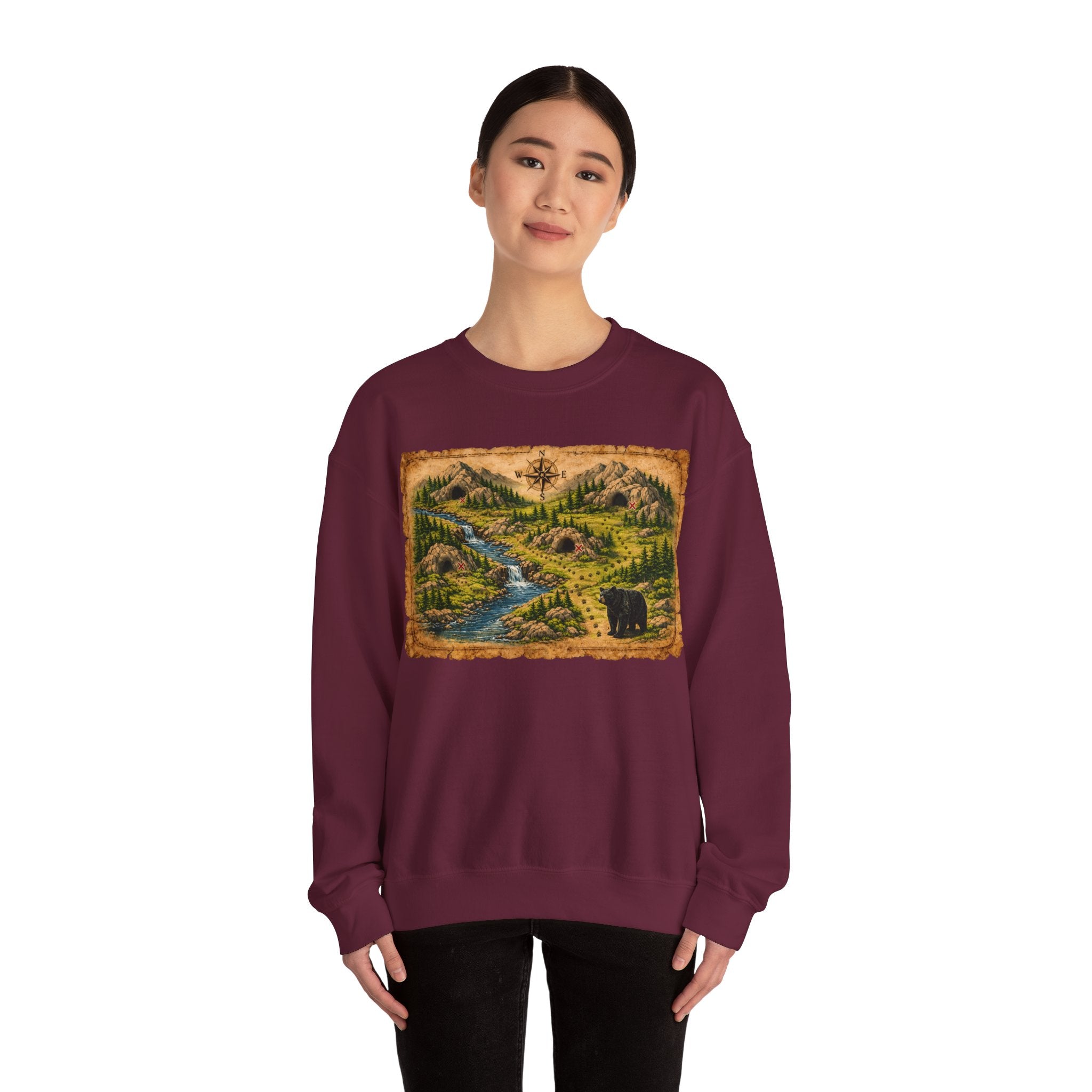 Bear Cave Treasure Map Unisex Crewneck Sweatshirt — Vintage Wilderness Map Graphic