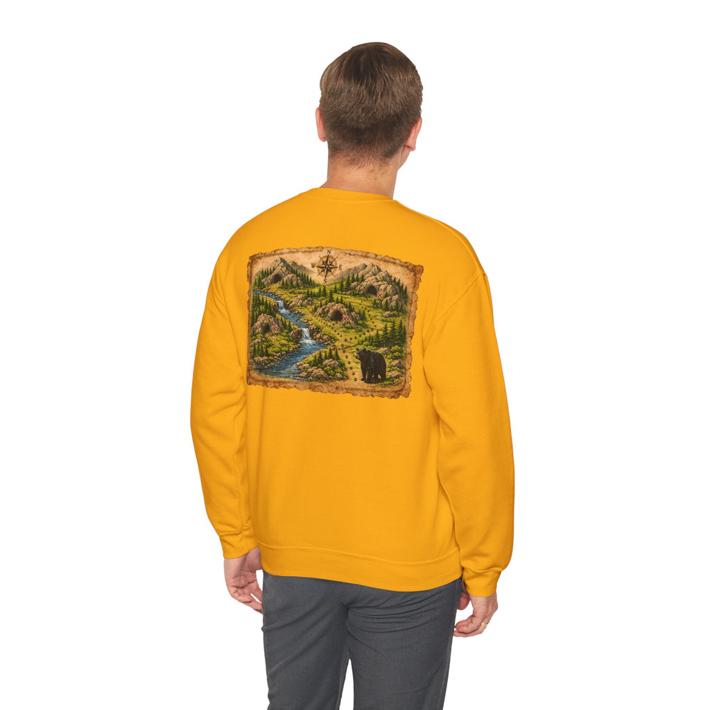 Bear Cave Treasure Map Unisex Crewneck Sweatshirt — Vintage Wilderness Map Graphic