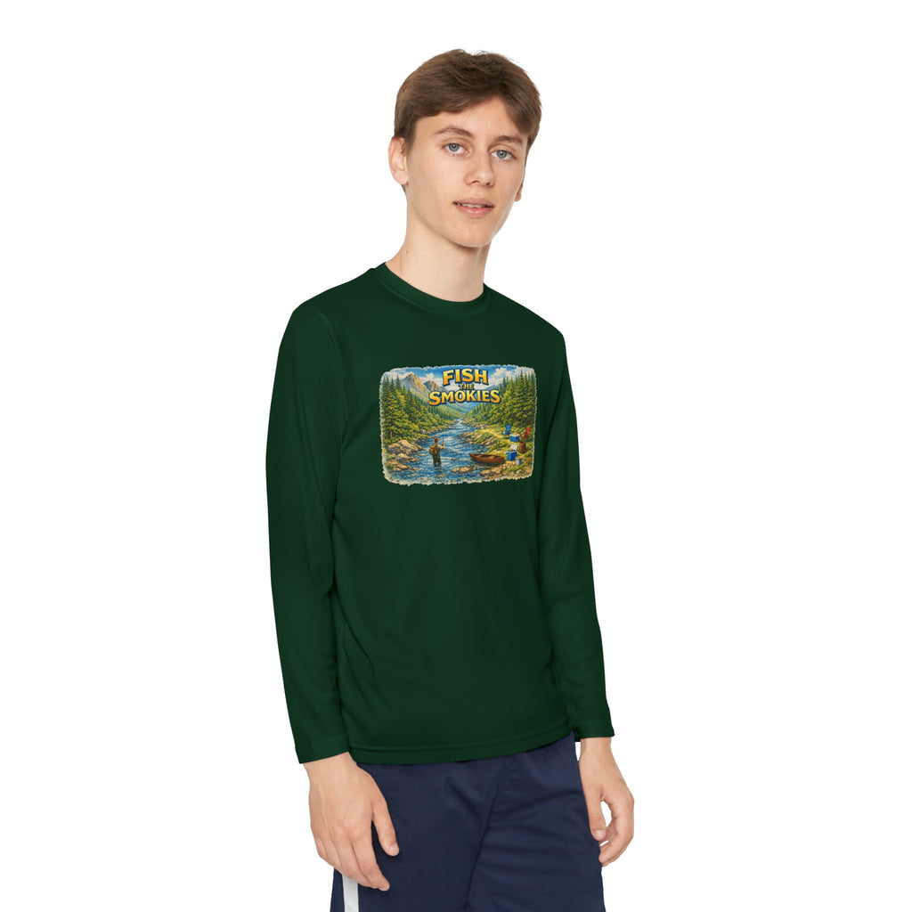 Youth Long Sleeve Tee - 'Fish Smokies' Scenic Fishing River Graphic
