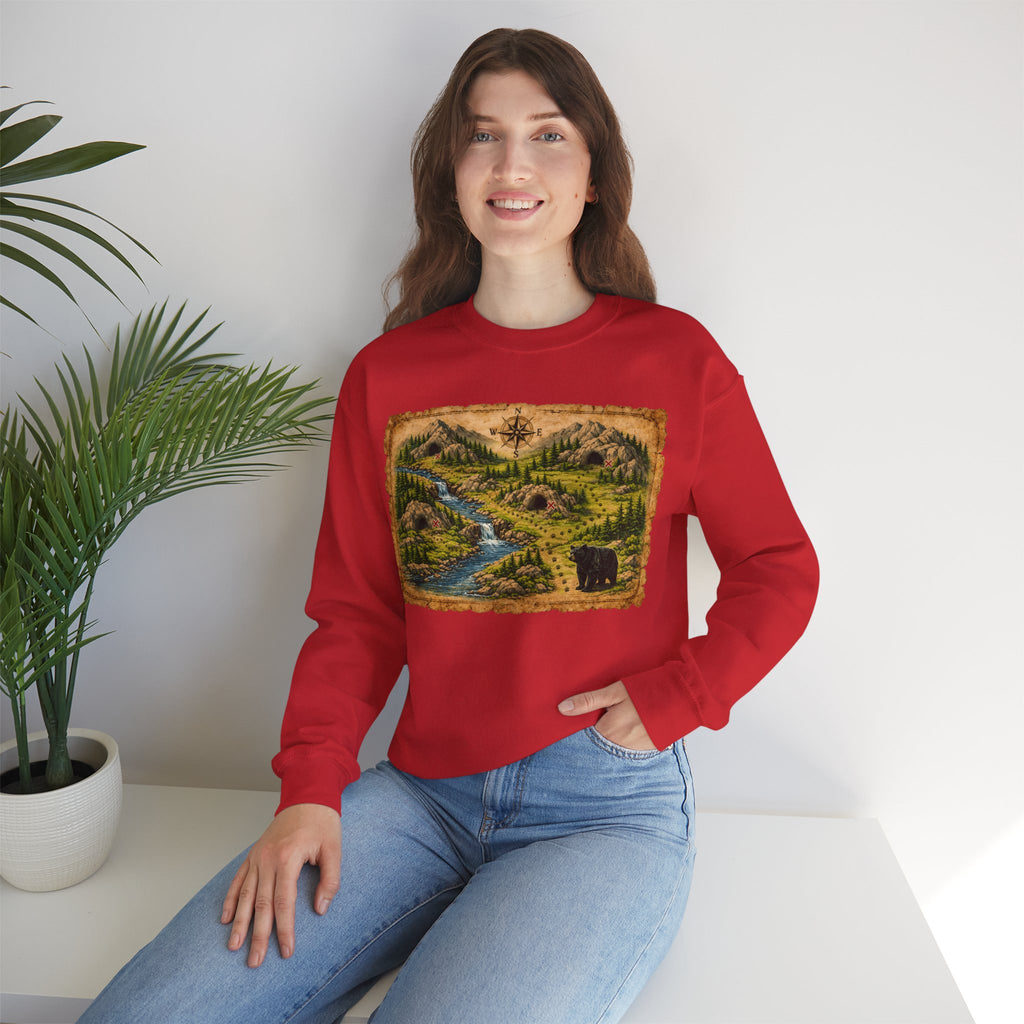Bear Cave Treasure Map Unisex Crewneck Sweatshirt — Vintage Wilderness Map Graphic