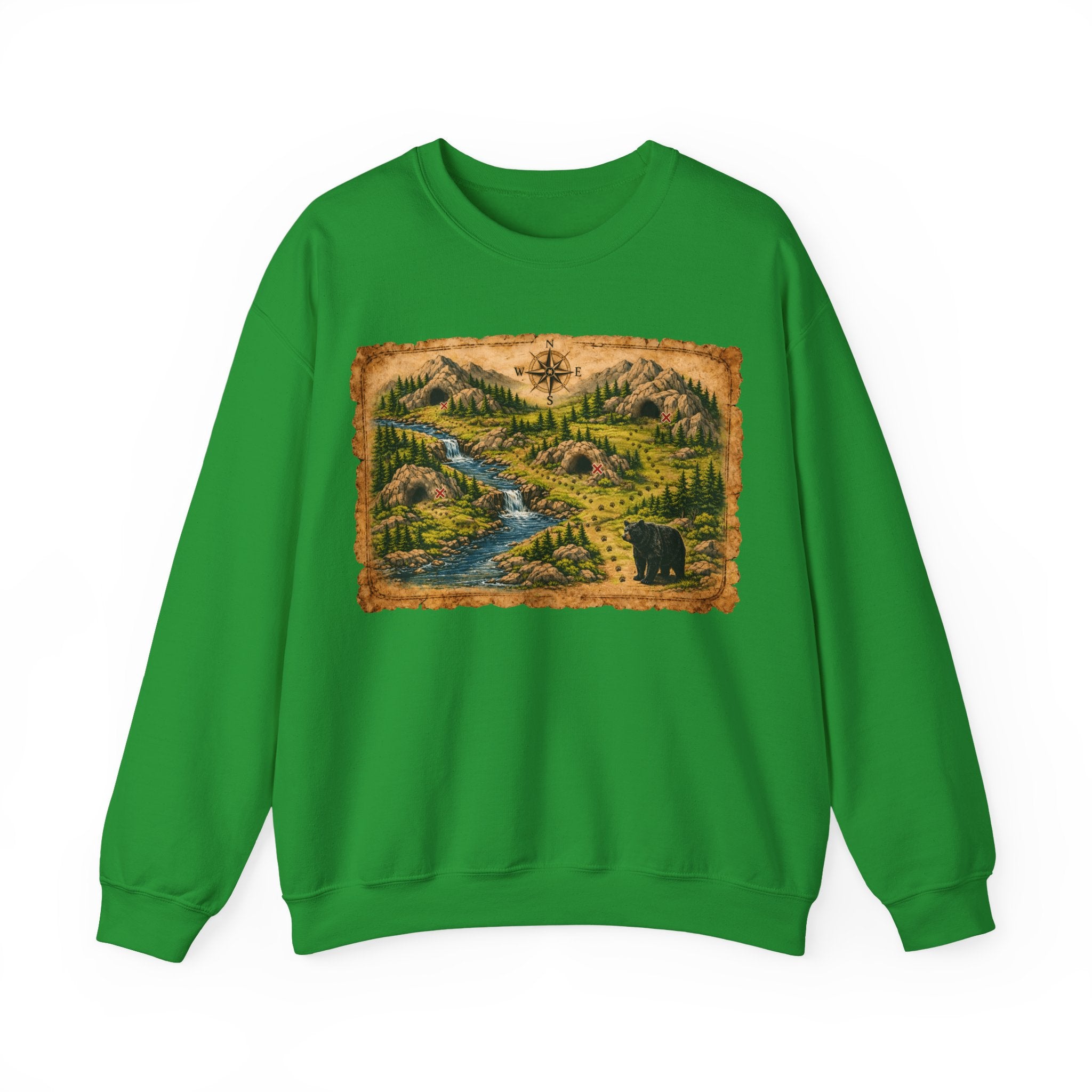 Bear Cave Treasure Map Unisex Crewneck Sweatshirt — Vintage Wilderness Map Graphic