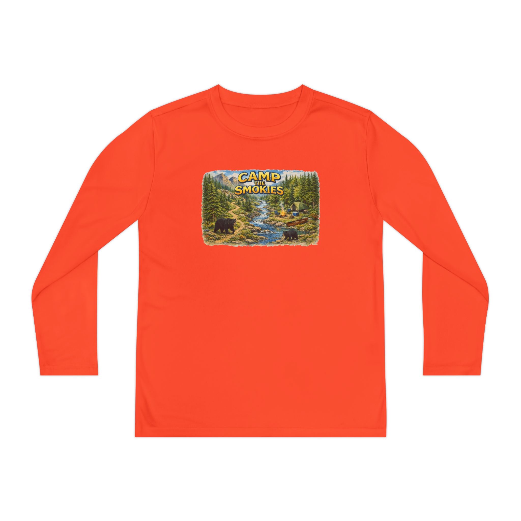 Camp Smokies Youth Long Sleeve Tee — Scenic Mountain River Camping Design