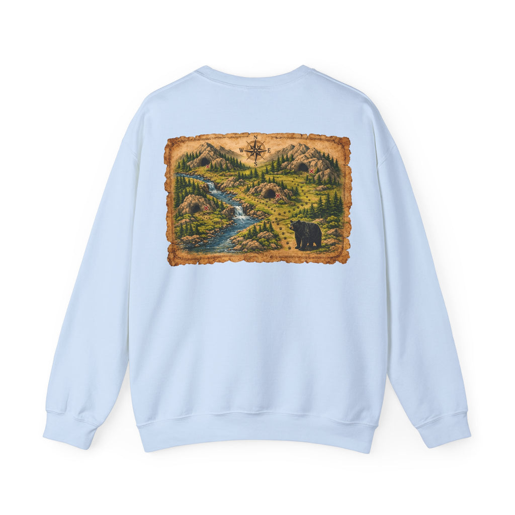 Bear Cave Treasure Map Unisex Crewneck Sweatshirt — Vintage Wilderness Map Graphic