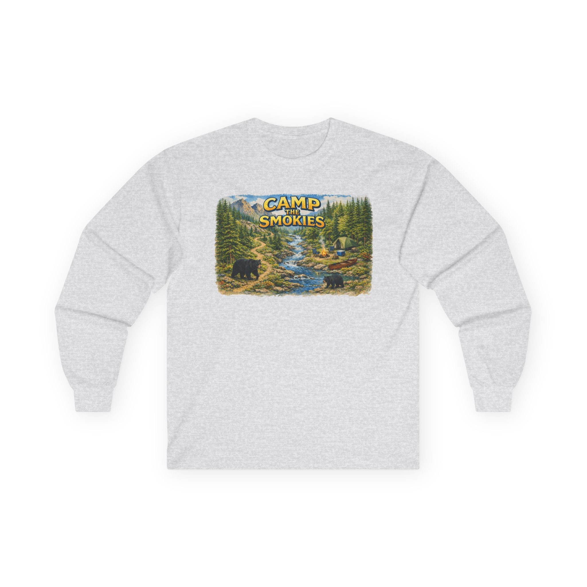 Camp The Smokies Scenic Long Sleeve Unisex Tee — Mountain Camping Bear Graphic