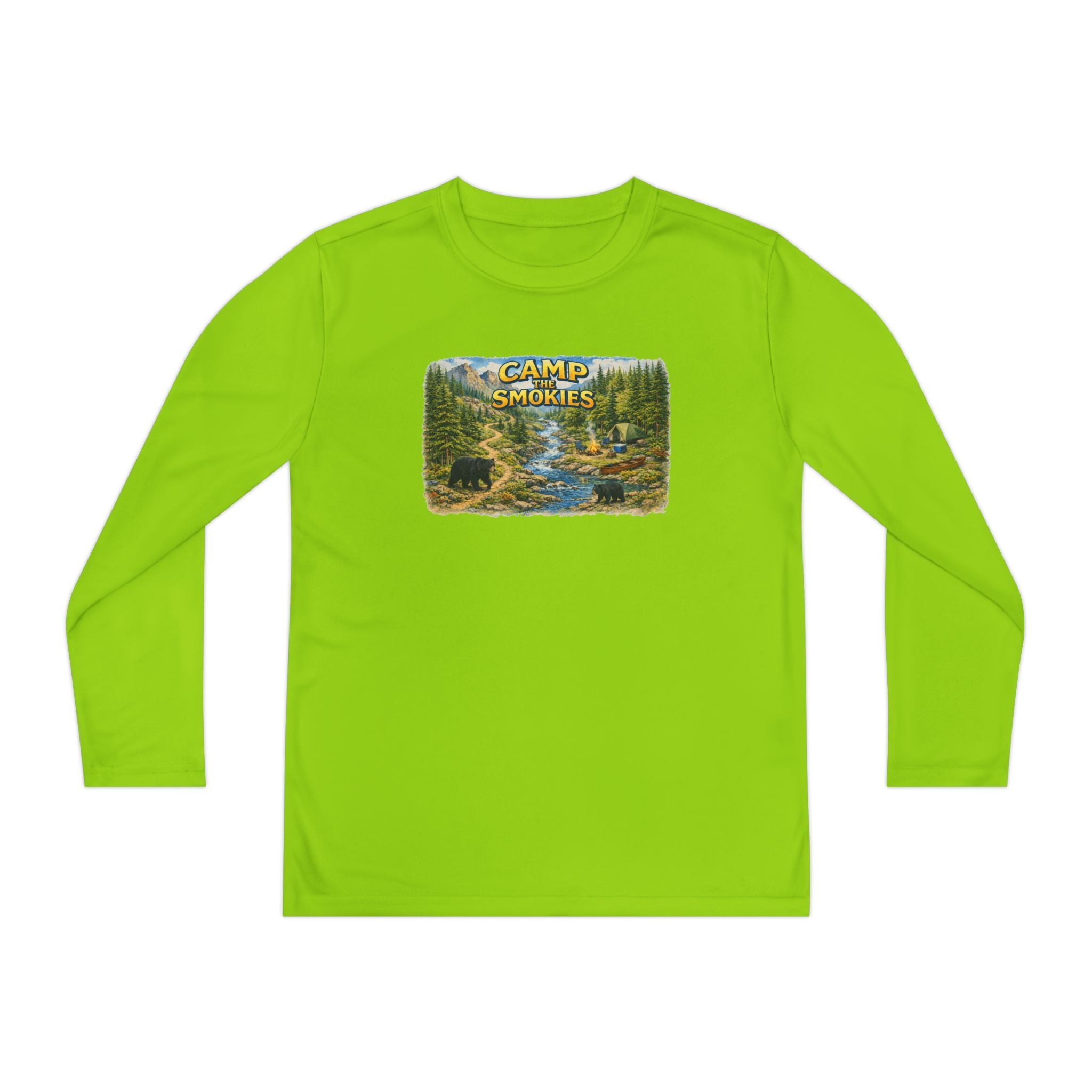 Camp Smokies Youth Long Sleeve Tee — Scenic Mountain River Camping Design