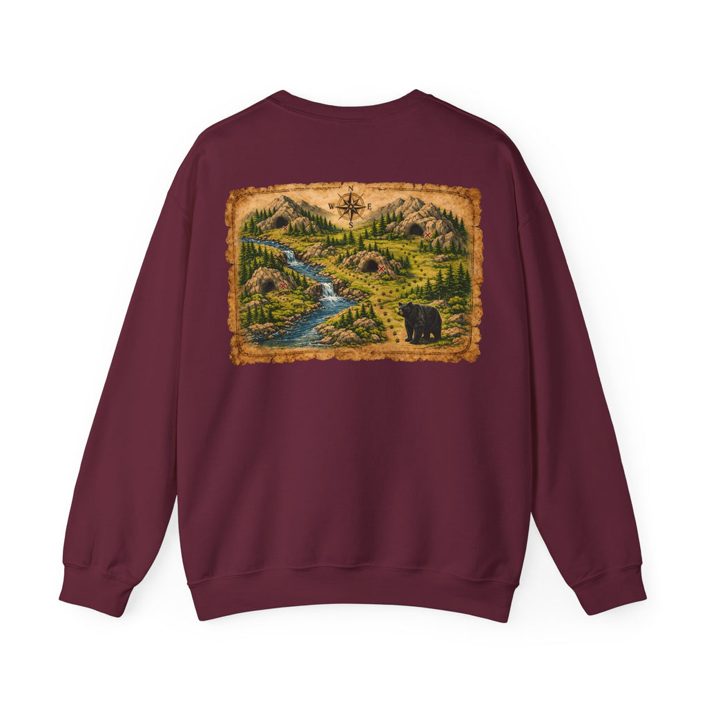 Bear Cave Treasure Map Unisex Crewneck Sweatshirt — Vintage Wilderness Map Graphic