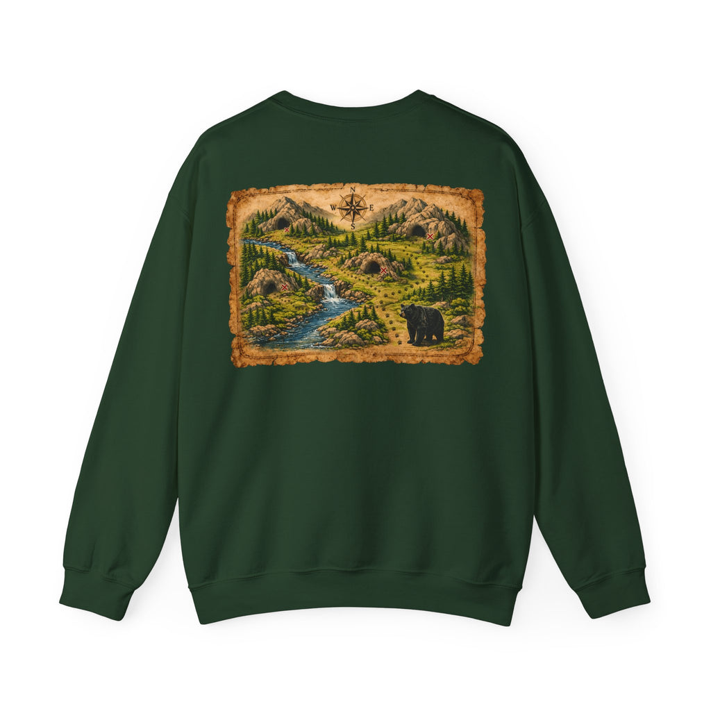 Bear Cave Treasure Map Unisex Crewneck Sweatshirt — Vintage Wilderness Map Graphic